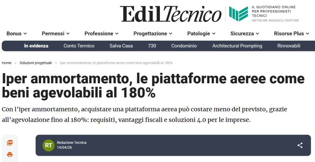 Iper ammortamento, le piattaforme aeree come beni agevolabili al 180%