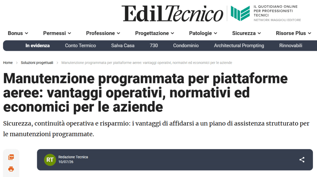 Manutenzione programmata per piattaforme aeree: vantaggi operativi, normativi ed economici per le aziende