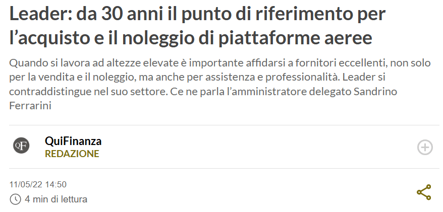 Leader: da 30 anni il punto di riferimento per l’aquisto e il noleggio di piattaforme aeree